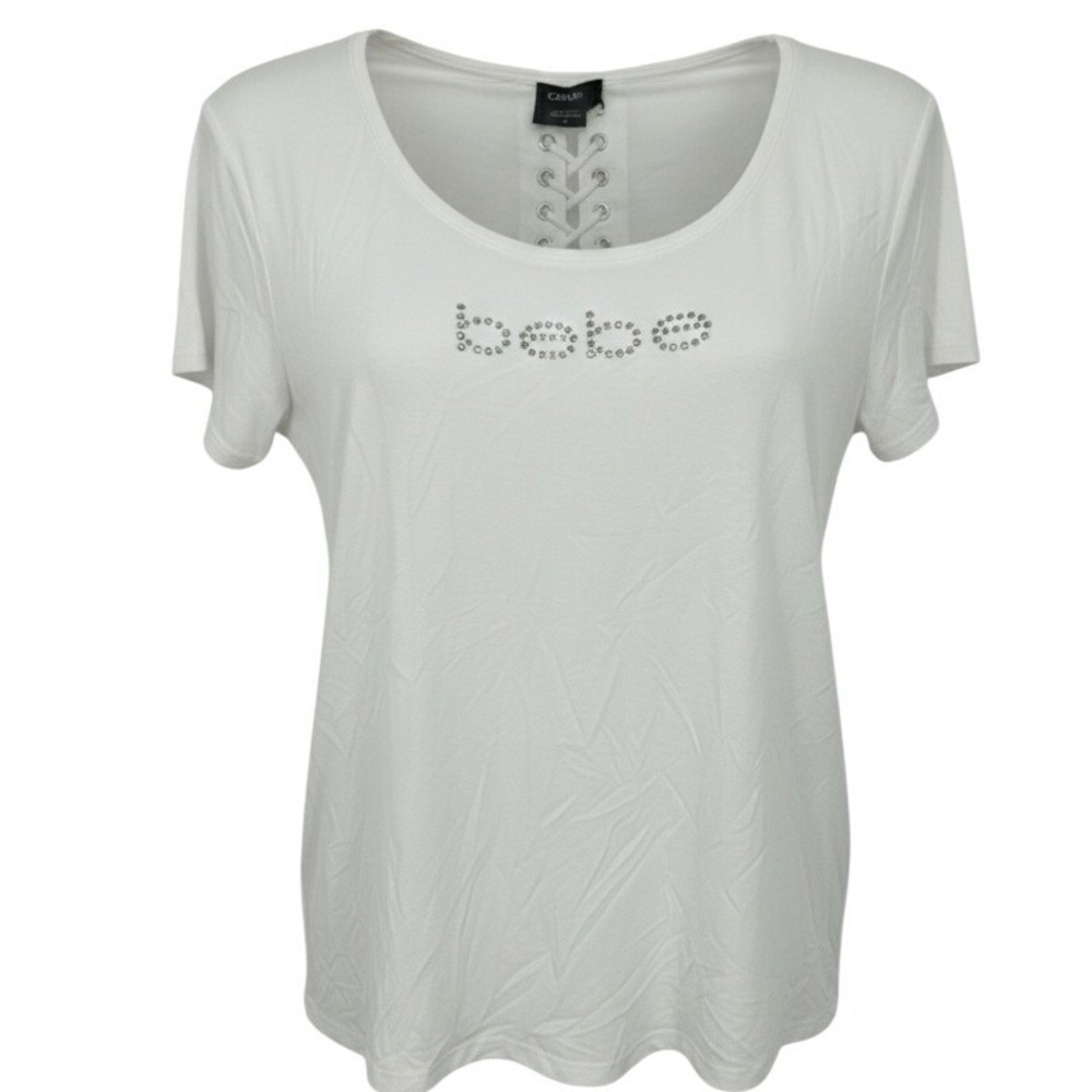 NEW‎ Bebe Womens White Rhinestone Logo Lace Up Tie Back Tee Shirt 3X - AC